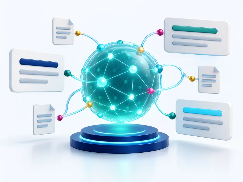Conceptual connected knowledge sphere surrounded by abstract answer panels and source documents