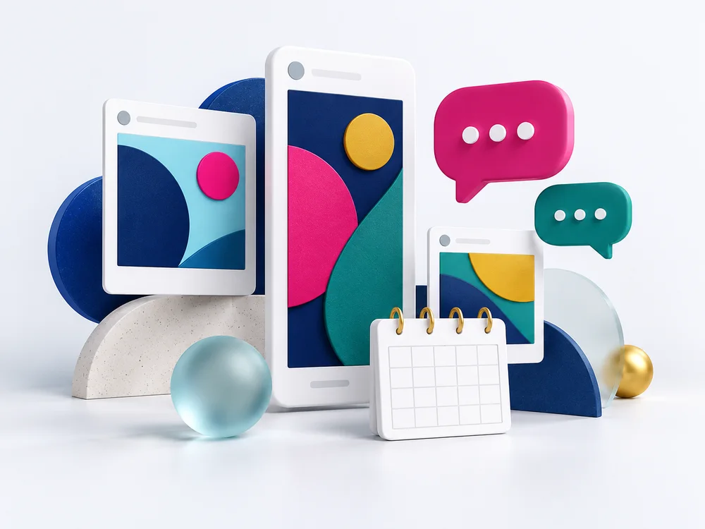 Conceptual social content frames, conversation bubbles and a blank publishing calendar
